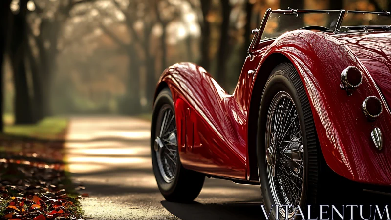 Classic red roadster parked on sunlit tree-lined lane.
