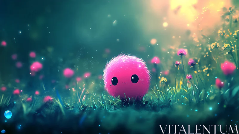 Soft pink fluffball smiles warmly in a glowing dream meadow