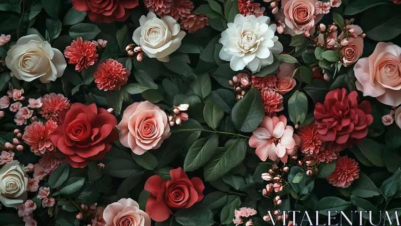 Lush Garden Blooms in Red, Pink, and Cream Tones