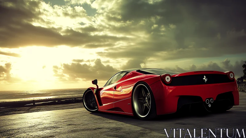 Red mid‑engine supercar at coastal sunset, rear three‑quarter