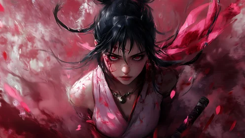Fierce anime warrior advances through crimson storm of petals