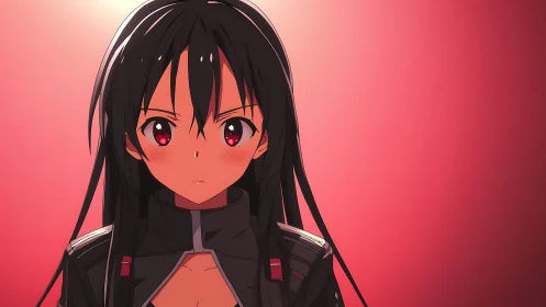 Stoic long-haired anime girl in tactical jacket, red backdrop