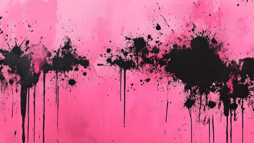 Abstract black ink splatter on pink background, modern art style.