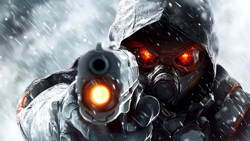 Hooded soldier with glowing pistol in blizzard standoff.
