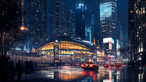 Neon taxis surf rainlit streets of a sleepless glass city.