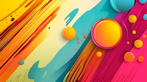 Bold abstract colorful spheres on diagonal painted stripes.