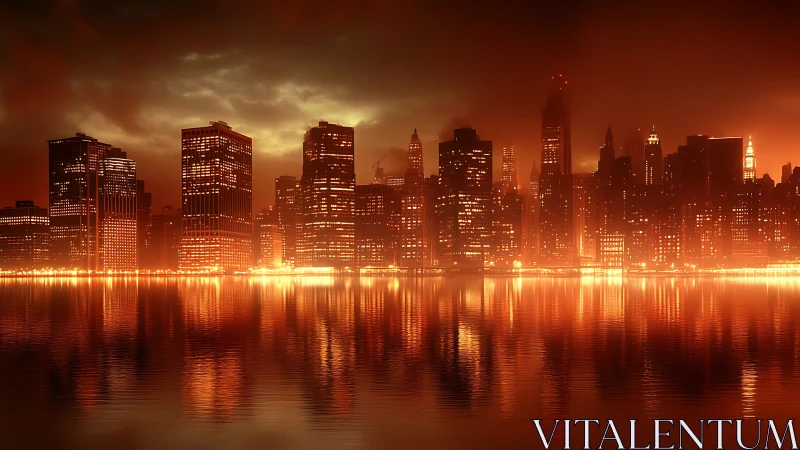 Glowing futuristic city skyline burns across calm water