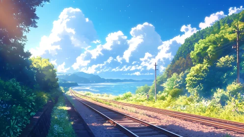 Anime coastal railway under luminous summer sky perspective.