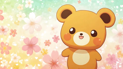 Cartoon bear character with pastel floral spring backdrop.