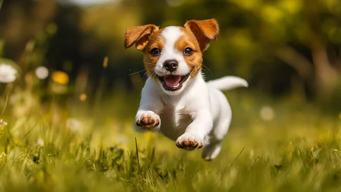 Small brown and white puppy running across grassy field.