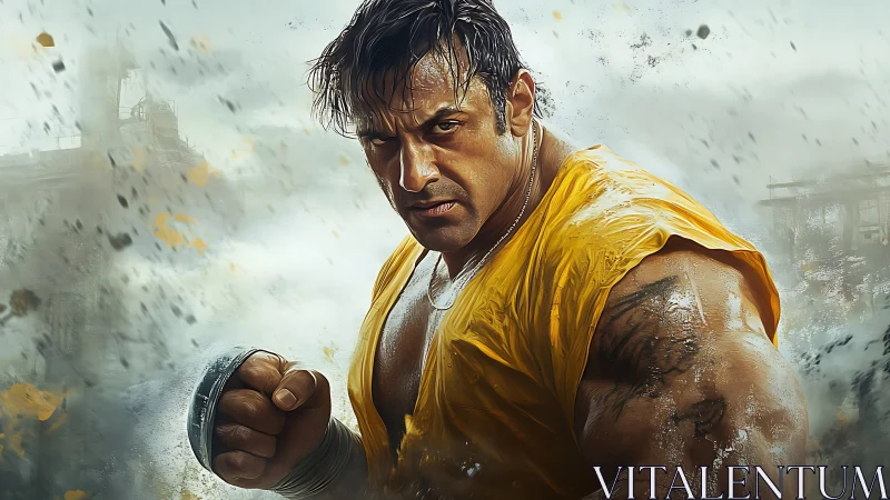 Muscular fighter stands ready in storm of flying debris