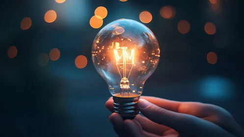 Glowing filament bulb cradled in hands against dusk bokeh.