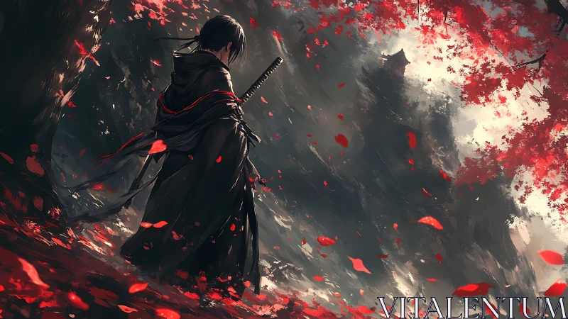 Lone wanderer under crimson leaves in a quiet, misty forest.