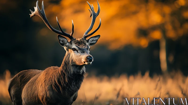 Autumn antlered monarch pausing in a copper-ember forest.