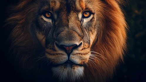 High-contrast frontal lion portrait with dramatic rim lighting