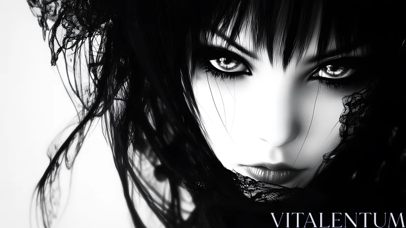 Monochrome gothic portrait with intense reflective eyes.