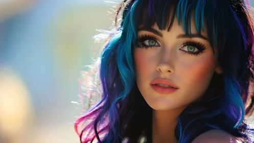 Radiant portrait of a woman with vivid blue and purple hair.