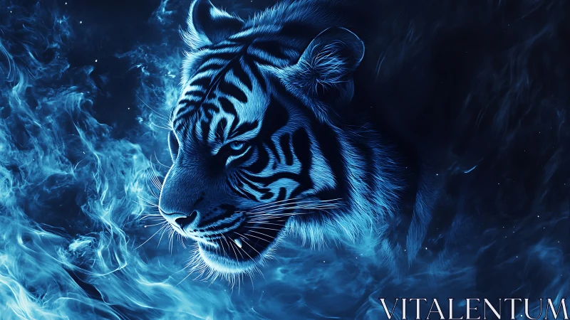 Neon blue tiger portrait in luminous digital painting style.