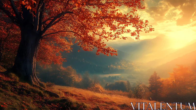 Autumn mountain valley under blazing golden sunrise glow.