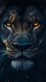 Midnight lion stares back with ember bright, unblinking eyes
