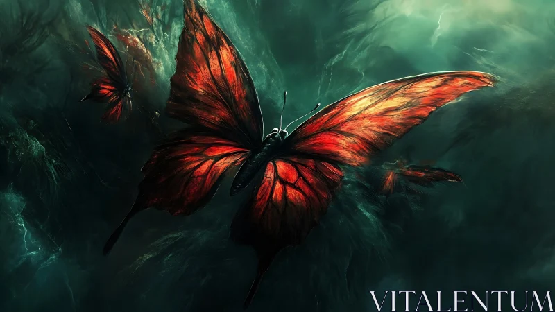 Midnight ember butterflies drifting through stormlight.