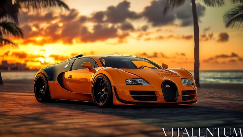 Orange sports coupe on coastal road at sunset with palms.