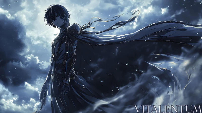 Dark armored hero stands against stormlit swirling sky
