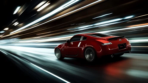 Crimson street rocket slicing neon lanes of midnight velocity.