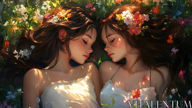 Two Women in Golden Flower Garden at Sunset