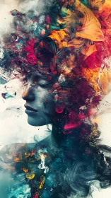 Surreal female portrait swirls through vivid color clouds.