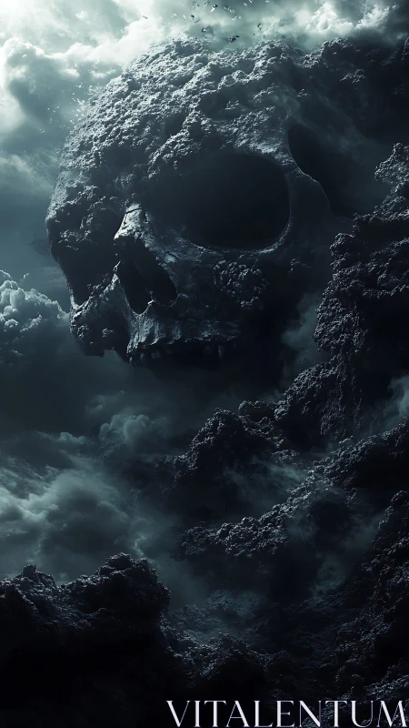 Digital painting of colossal storm-forged skull landscape.