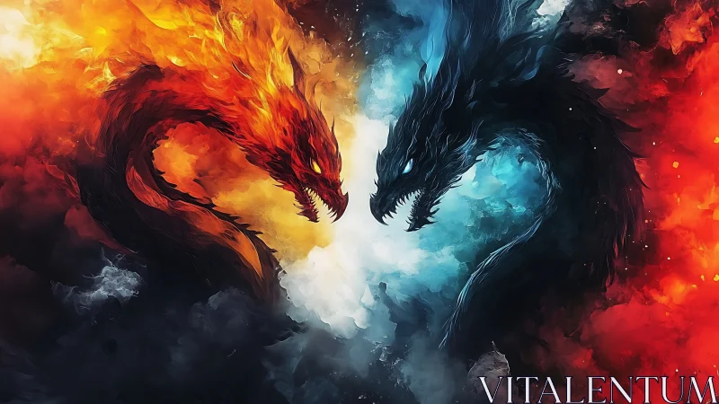 Elemental dragon duel splits fire and ice vortex sky.