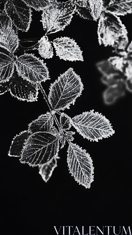 Frost covered leaves isolated against deep black background.
