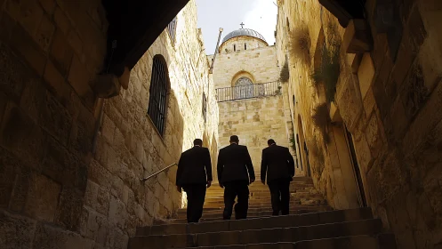 Three suited figures ascend stone steps toward sunlit dome
