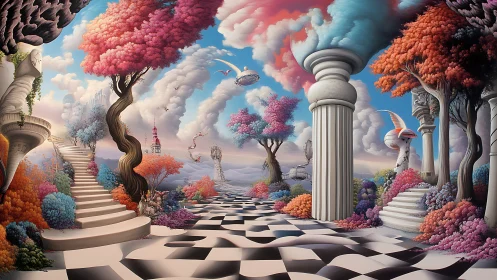 Surreal architectural landscape integrates trees, stairs, and clouds