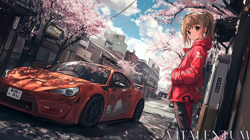 Sporty anime girl and drift car under city cherry blossoms.