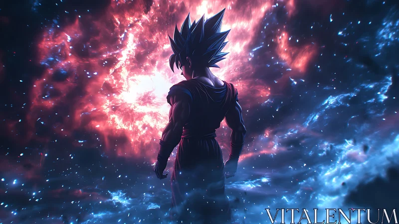 Saiyan warrior stands before a blazing cosmic energy storm