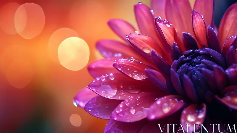 Dahlia Drenched in Dewdrops Glowing Beneath Sunset.