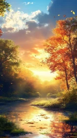 Golden autumn river at sunset under vivid sky.