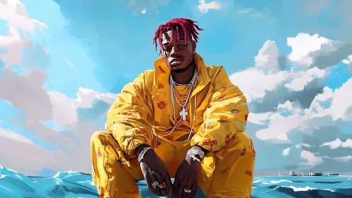 Portrait of streetwear figure in yellow tracksuit against seascape