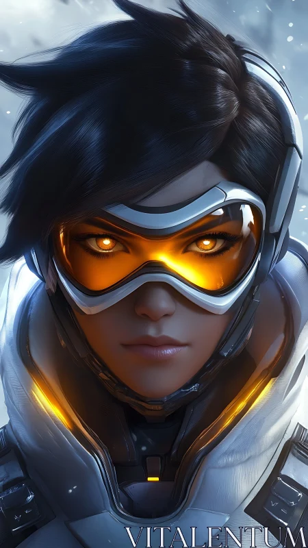 Chrono-charged space pilot with blazing amber visor gaze.