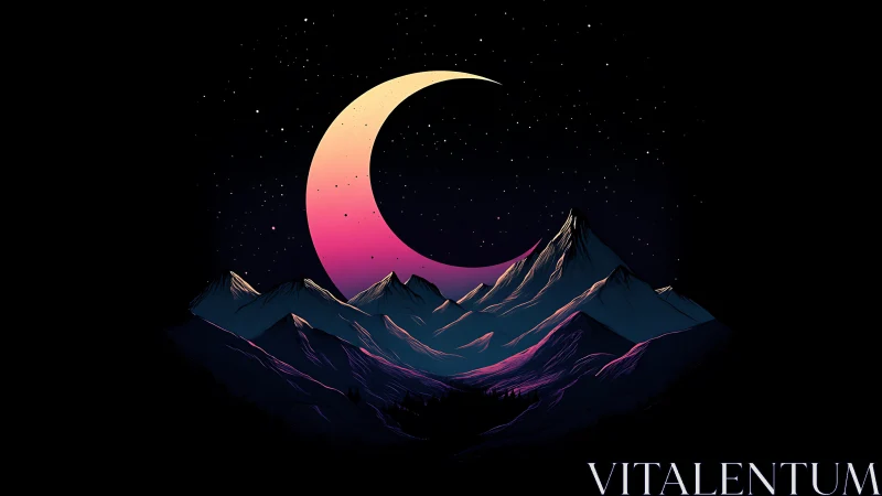 Crescent moon backlight sculpts stylized neon-rimmed mountains precisely