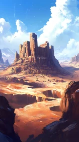 Eroded sandstone mesa under volumetric clouds and harsh light