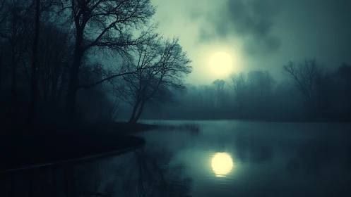Moonlit lake with silhouetted winter trees and misty sky.