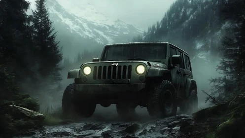 Rugged off road Jeep explores a misty mountain forest trail