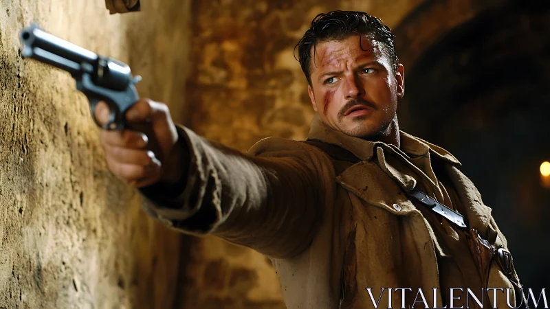 Injured man points revolver inside dim stone corridor