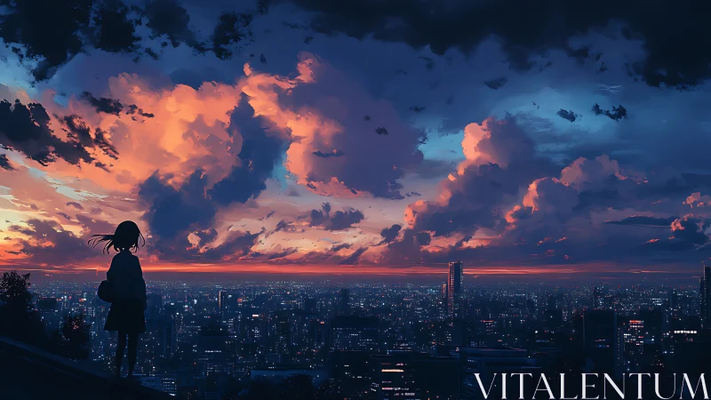 Silhouetted figure observing illuminated city at dusk.