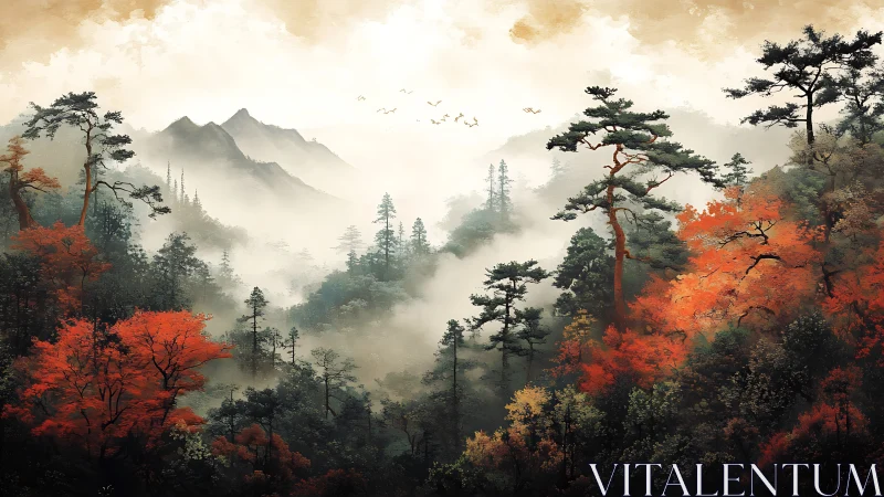 Misty Mountain Landscape with Autumn Foliage and Ancient Pines.
