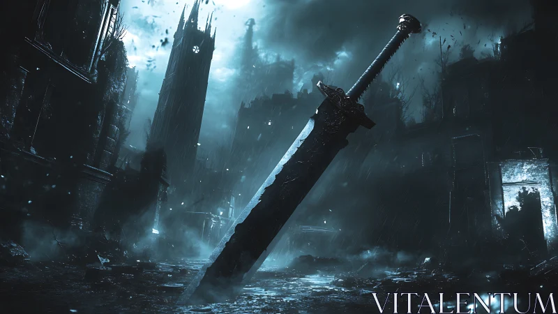 Massive sword embedded in flooded ruin at night.