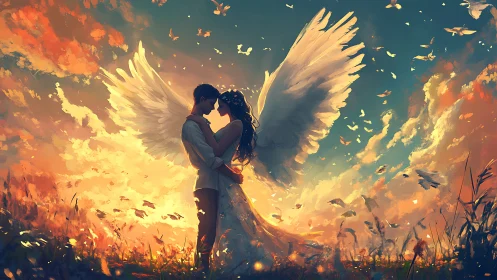 Winged lovers embrace in radiant sunset fantasy field.